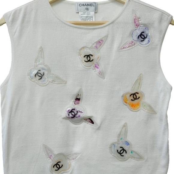 CHANEL Multicolor Camelia Flower TopWhite Cotton Shirt 42 6 8 Small Medium EUC